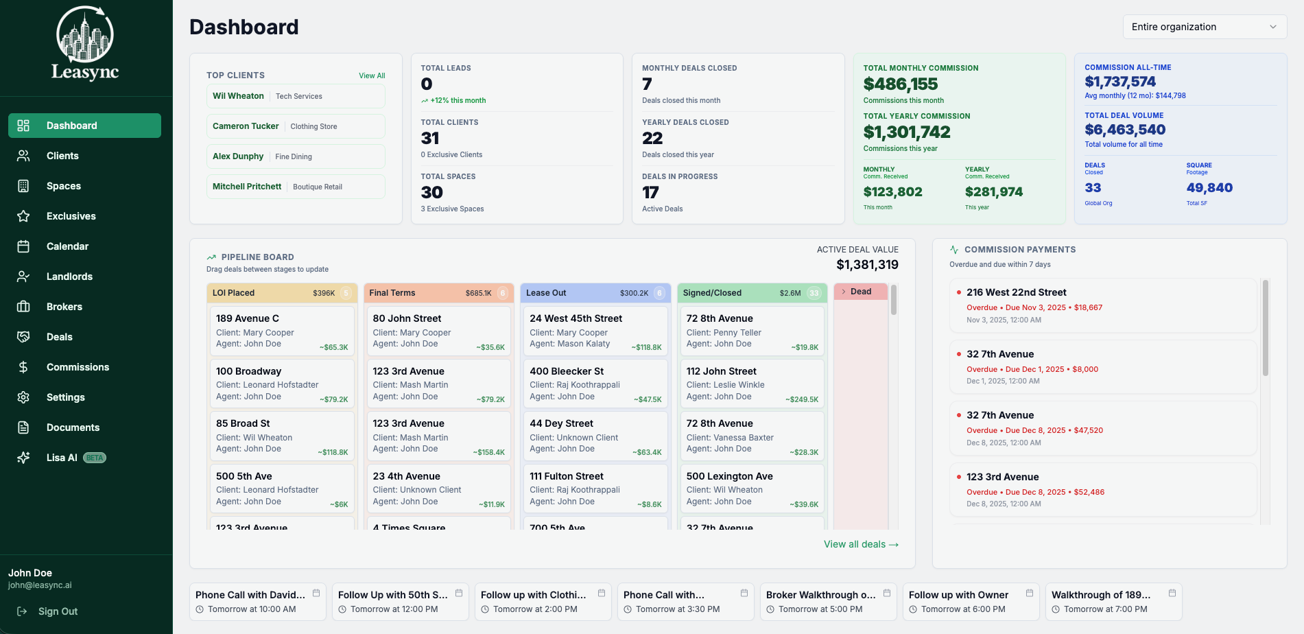 Leasync dashboard with synced calendar and email